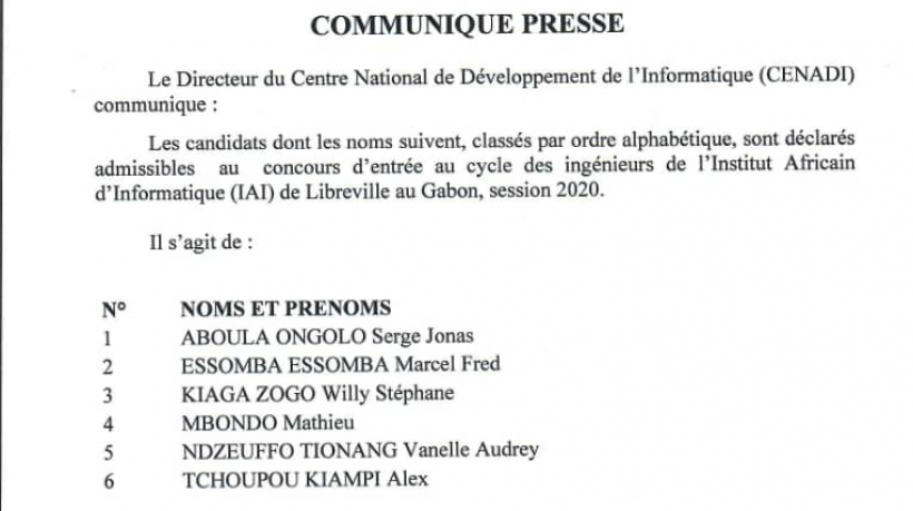 Admissibilités concours IAI Gabon, session 2020